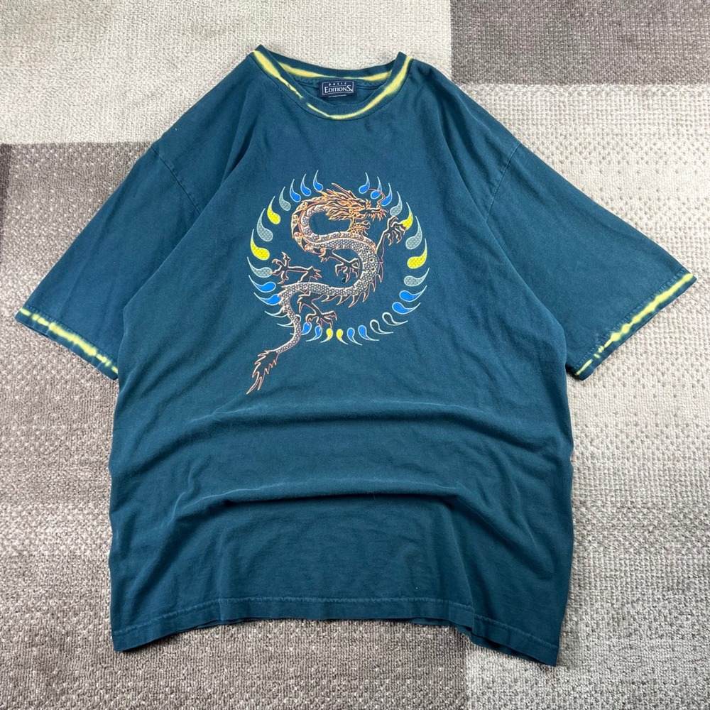Basic Editions Mens Dragon Graphic T-Shirt Teal Blue Green Y2K Grunge XL